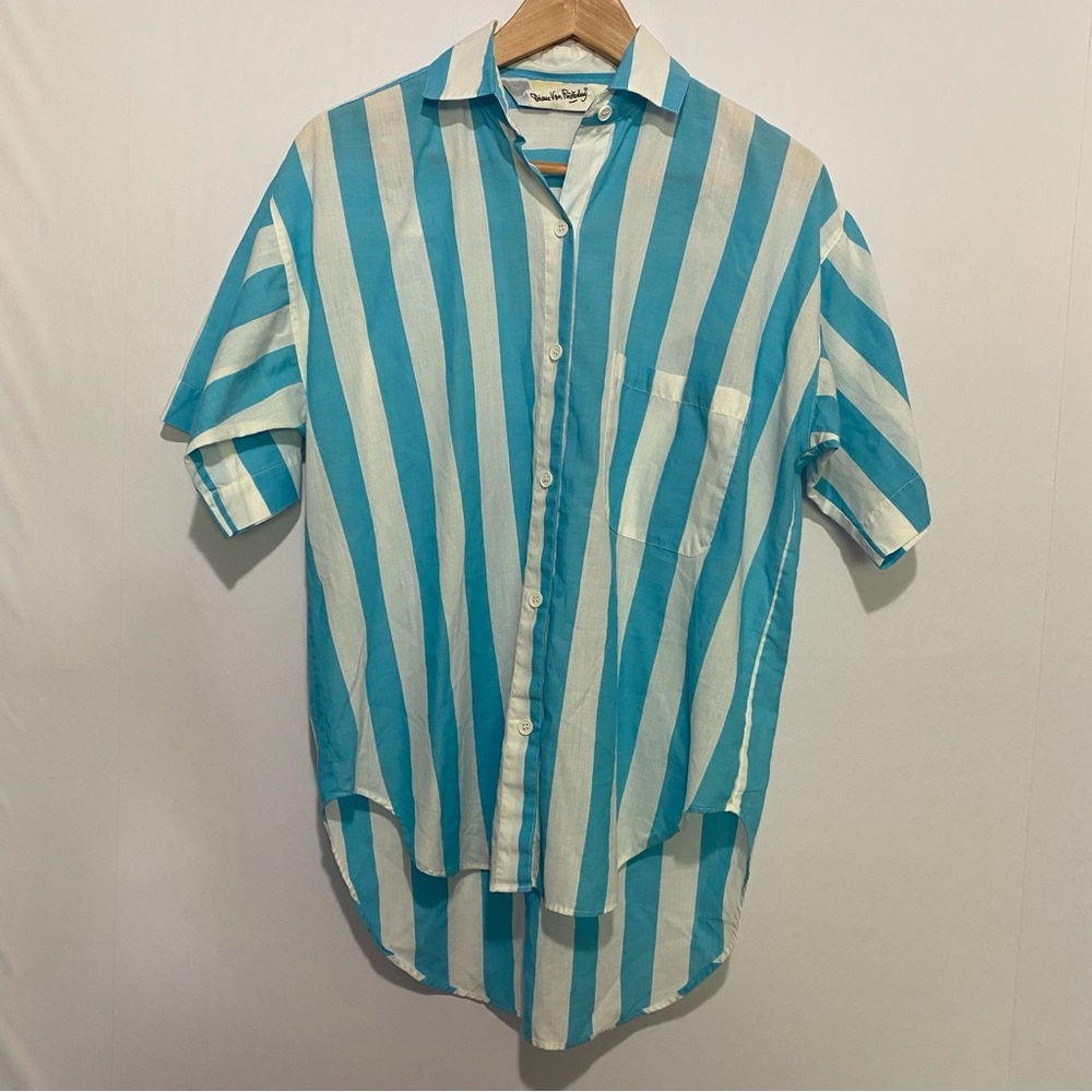 Diane Von Furstenberg Striped Button Up Shirt Blue White Short Sleeve Blouse‎ S